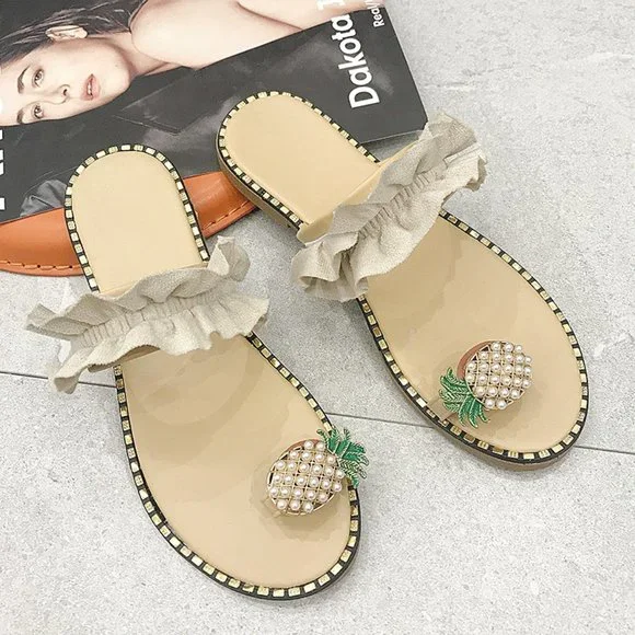 Pineapple Pearl Flat Slide Toe-Ring Sandal in Beige - Picture 2 of 4